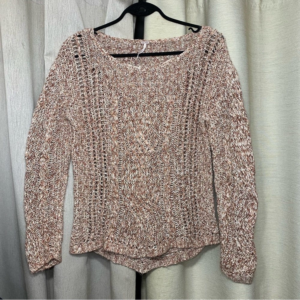 Free People Cable Knit Sweater Brown earth Tones Cotton Linen Casual Pullover XS - Picture 14 of 14